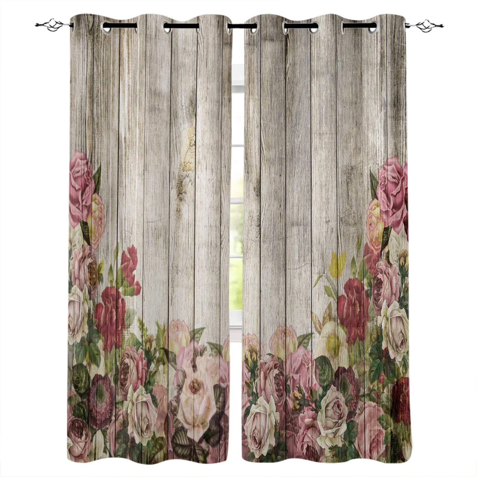 Wood Grain Flower Retro Curtains For Bedroom Living Room Modern Kitchen Windows Curtain Home Decoration Drapes