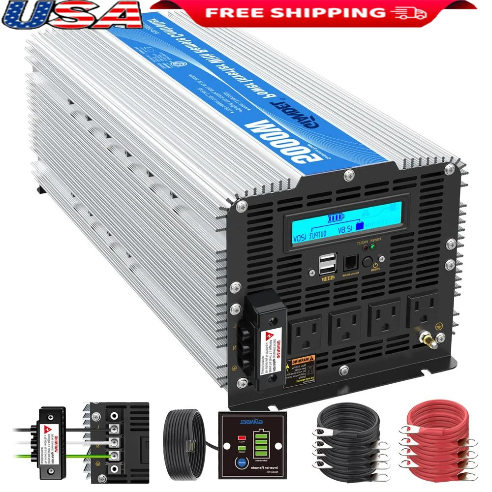 5000Watt Power Inverter ETL UL458 Listed Inverter 5000 W Converts 12V to 120 Vac with 40 Amps Hardwire Terminal and 4 AC Sockets