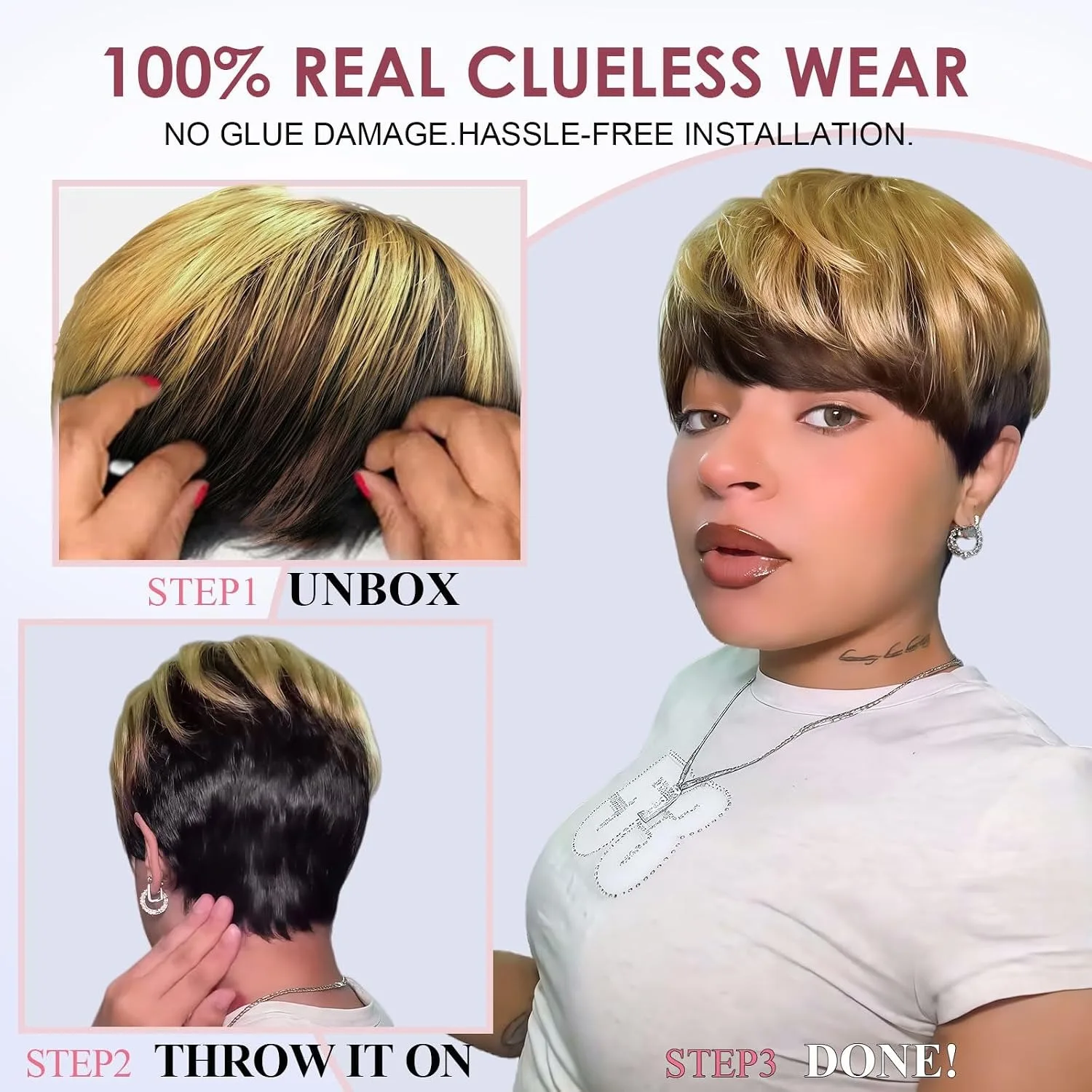 P4/27 Highlight Pixie Cut Real Human Hair Wig for Black Women Short Straight Wig With Bangs 150% Density Full Machine Made