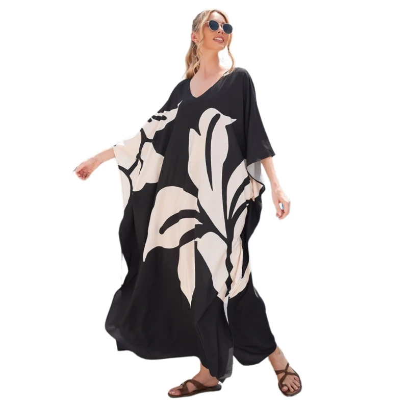 2024 New Print Beach Coverup Kaftan Dress for Women, Short Sleeve Swimsuit Coverup Full Length Kaftan Dress Bathing Suit Coverup