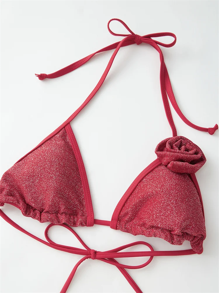 Chronstyle conjunto de biquinis femininos 3d rosa halter amarrar trajes de banho praia biquinis cobrir saias 3 peças roupas de praia 2025