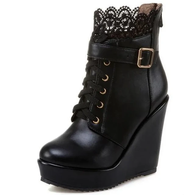 Taglia 34 43 stivaletti con plateau con zeppa Super alta con fibbia invernale per donna stivaletti con lacci bianchi neri con tacco alto AliExpress
