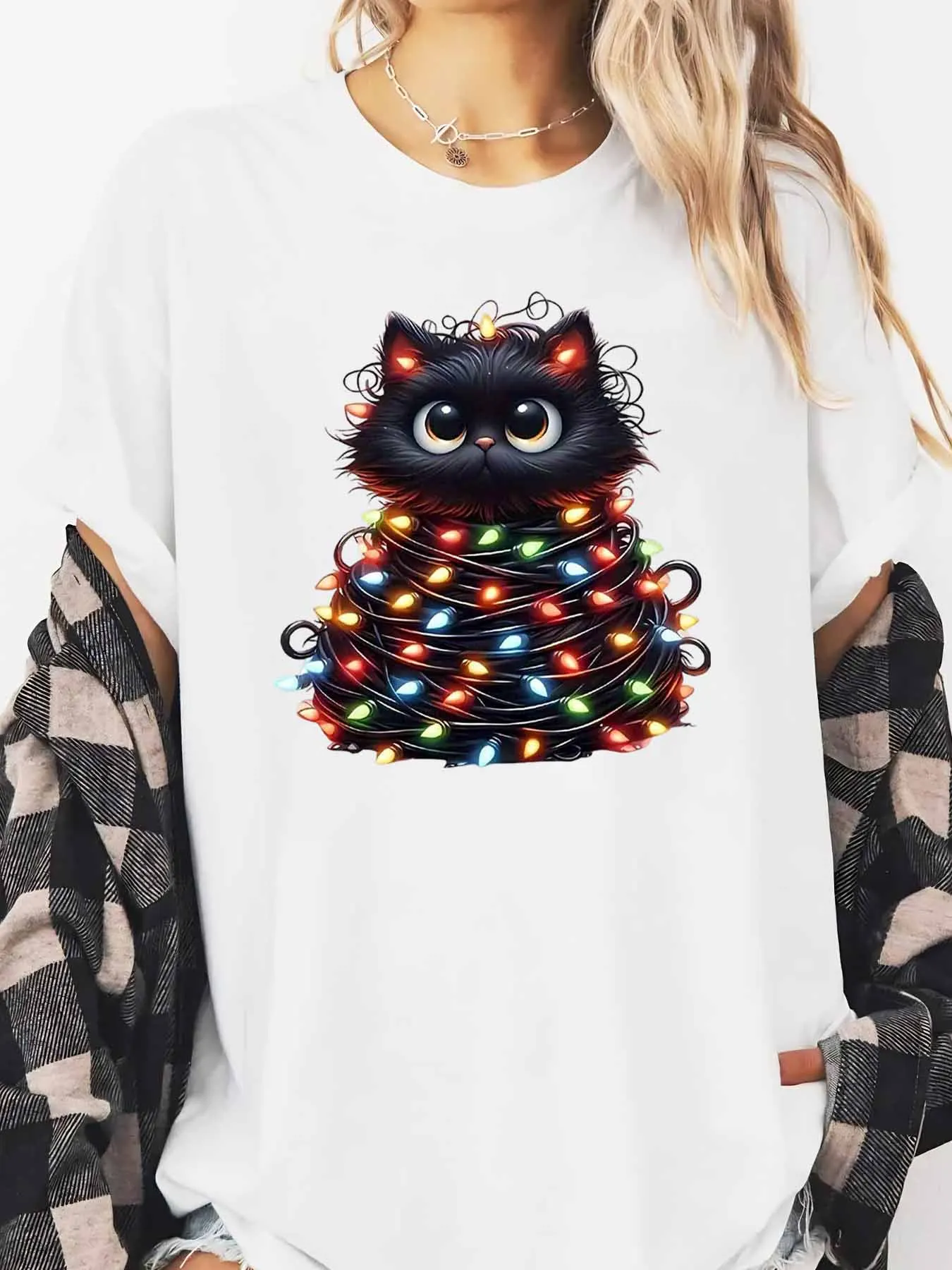 

Cat Wrapped in Christmas Lights Holiday Print Long Sleeve T-Shirt Women Casual Wear Party Outfit White Plus-size