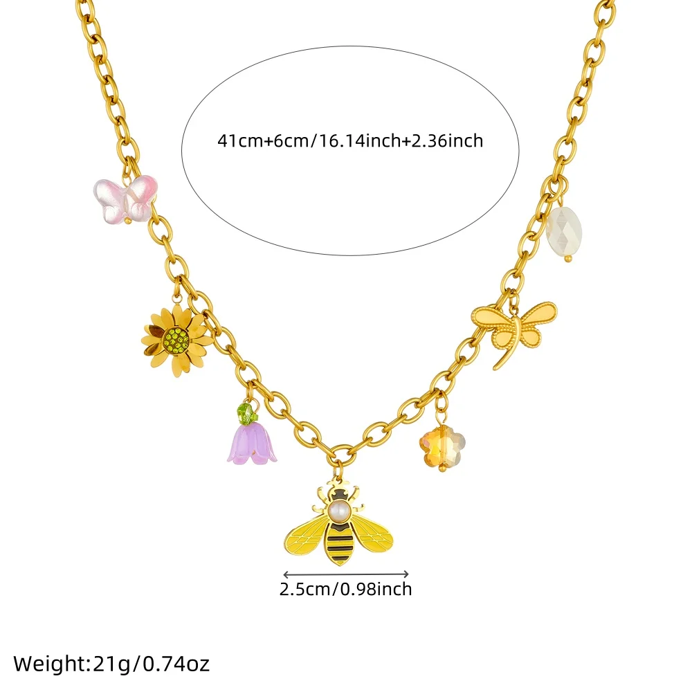 DIEYURO 316L Stainless Steel Flower Dragonfly Pearl Bee Pendant Necklace Lady New Fashion Trend Neck Chain Jewelry Party Gift