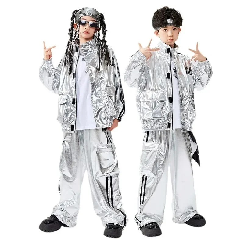 Boys Hip Hop Cool Silver Jacket Street Dance K-pop Cargo Pants Girl Leather Clothes Sets Kids Child Teens Jazz Shiny Streetwear