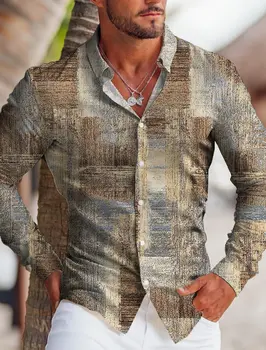 새로운 가을 남성 셔츠 대형 캐주얼 셔츠 라인 인쇄 긴 소매 단추 남성 의류 비치 카디건 셔츠 남성