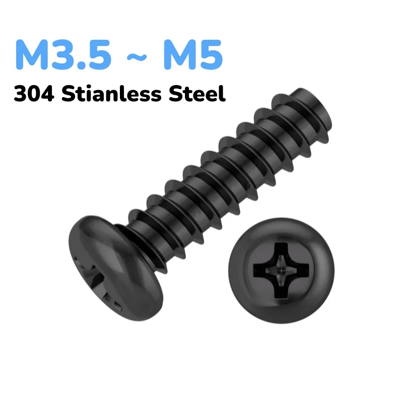 M3.5 ~ M5 Black 304 Stianless Steel Round Head Cross Phillips Flat End Tapping Screws Length 6~40 mm