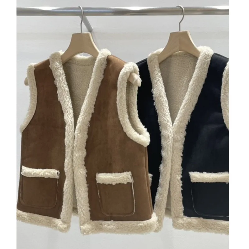 เสื้อกั๊กขนสัตว์สำหรับผู้หญิง Faux Sheepskin เสื้อกั๊กขนใหม่แฟชั่นขนสัตว์ In One เสื้อกั๊กหนังสังเครา...