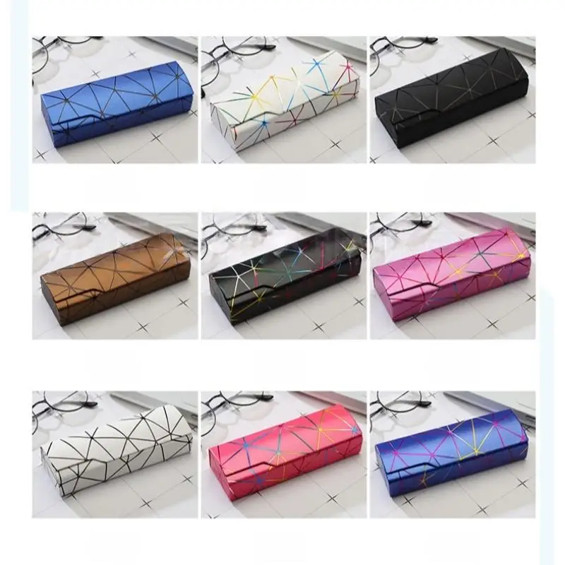 Geometric Line Hard Shell Eyeglasses Case Durable PU Leather Shockproof Spectacle Box for Kids Adults Use