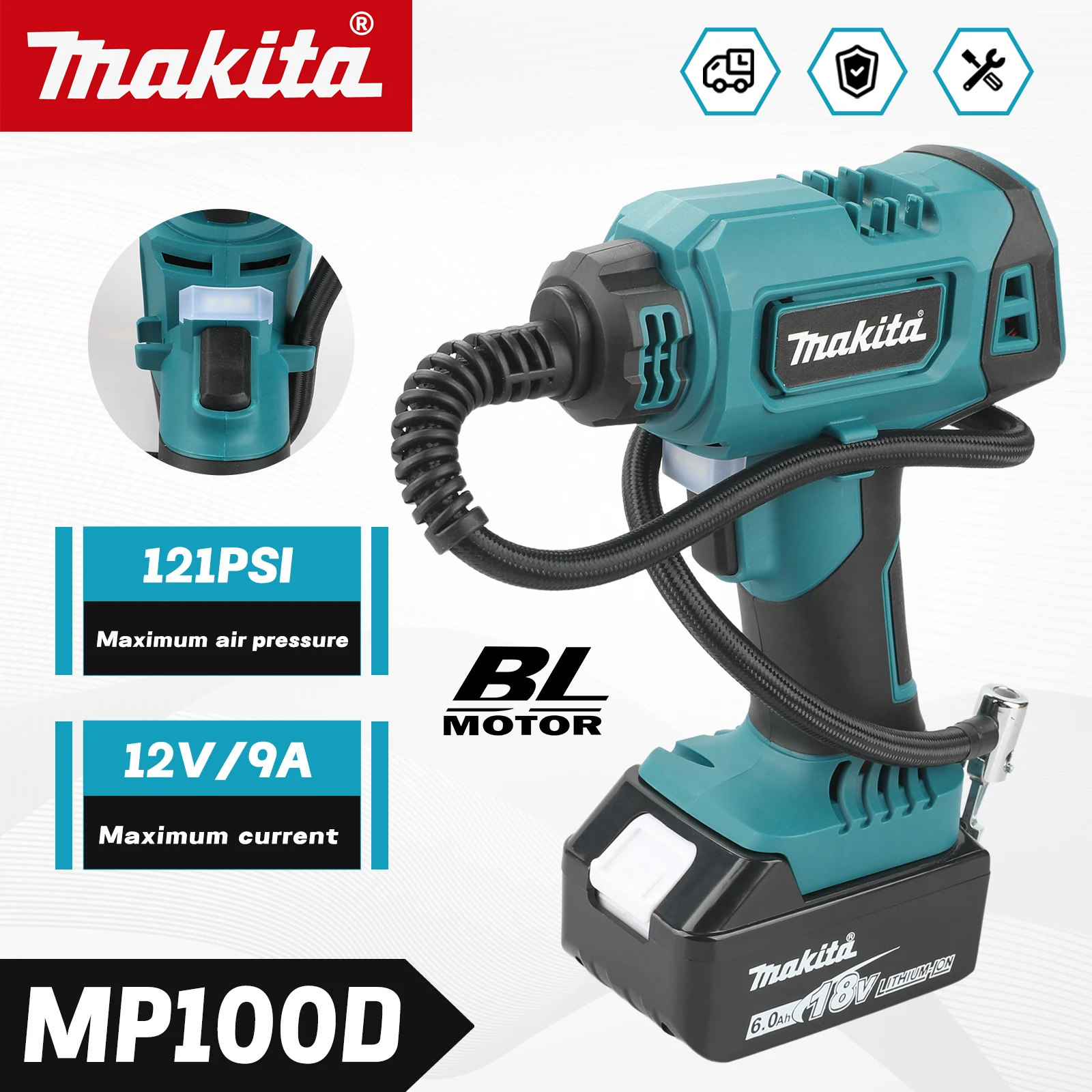 

Автоматический беспроводной электрический насос Makita MP100D: идеально подходит для автомобильных шин, работает с аккумуляторами Makita 18В (без аккумулятора)