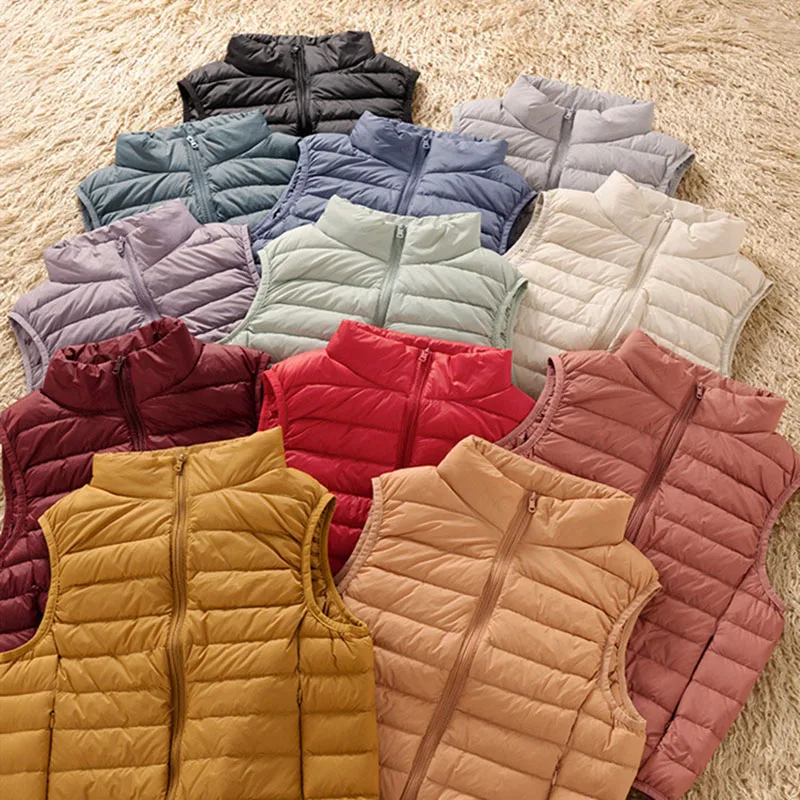 

Women's 90% White Duck Down Vest Autumn Winter Simple Stand Up Collar American Casual Fashion Quilted Sleeveless Puff Jackets