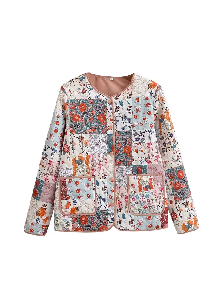 Tinsonan O-Neck With Pockets Single Breasted Jacket Coats Casual Print Long Sleeveless Quilting Female Outwear