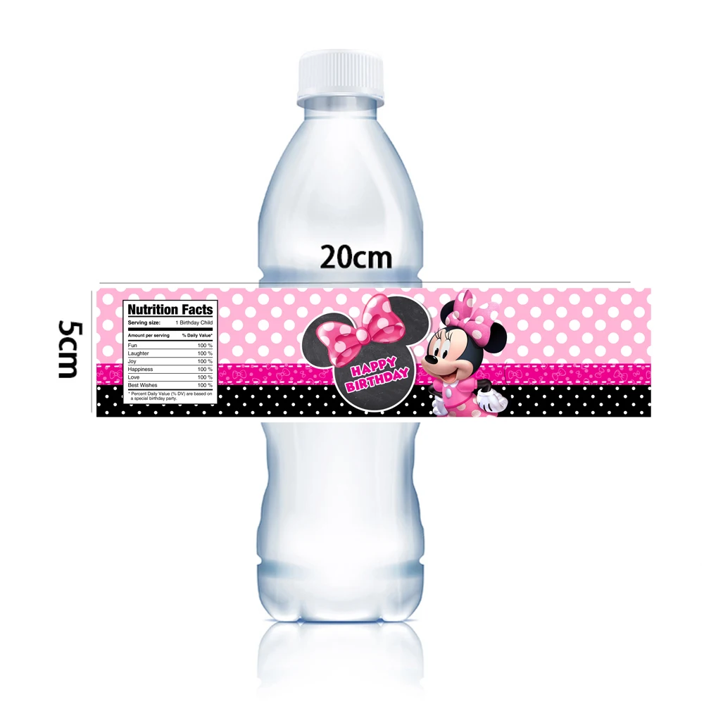 Disney-Etiquetas de Minnie Mouse para botella de agua, pegatinas minerales para decoración de Baby Shower, suministros de decoración para fiesta de