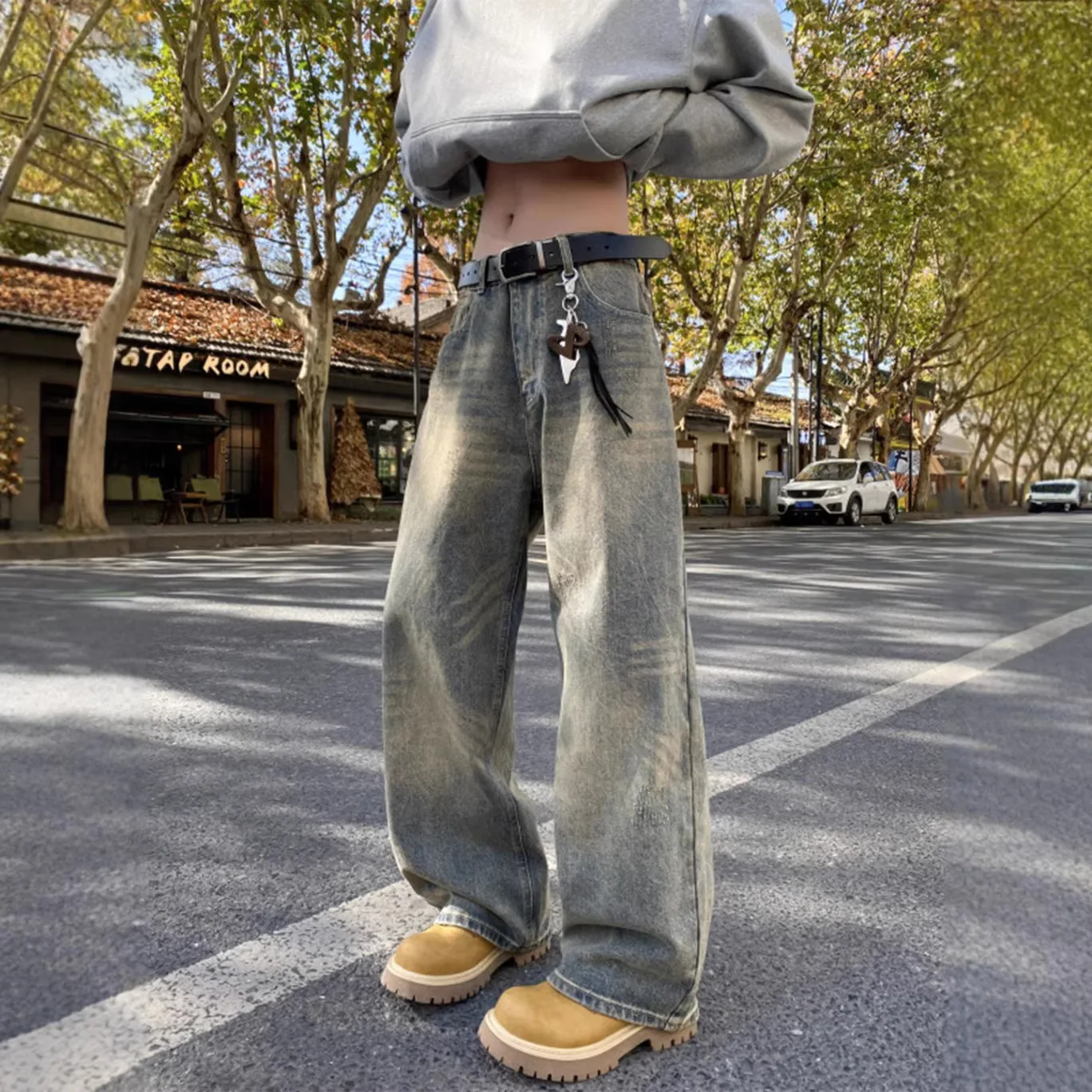 Trousers Vintage Washed Distressed Straight-leg Jeans Fashionable Comfortable All-matching Man Cool Personality