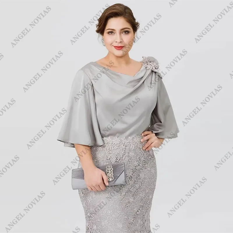 Customized Mermaid Mother of The Bride Dress Jewel Neck 3/4 Sleeve Mesh Lace Wedding Guest Gowns Plus Size Evening Dress