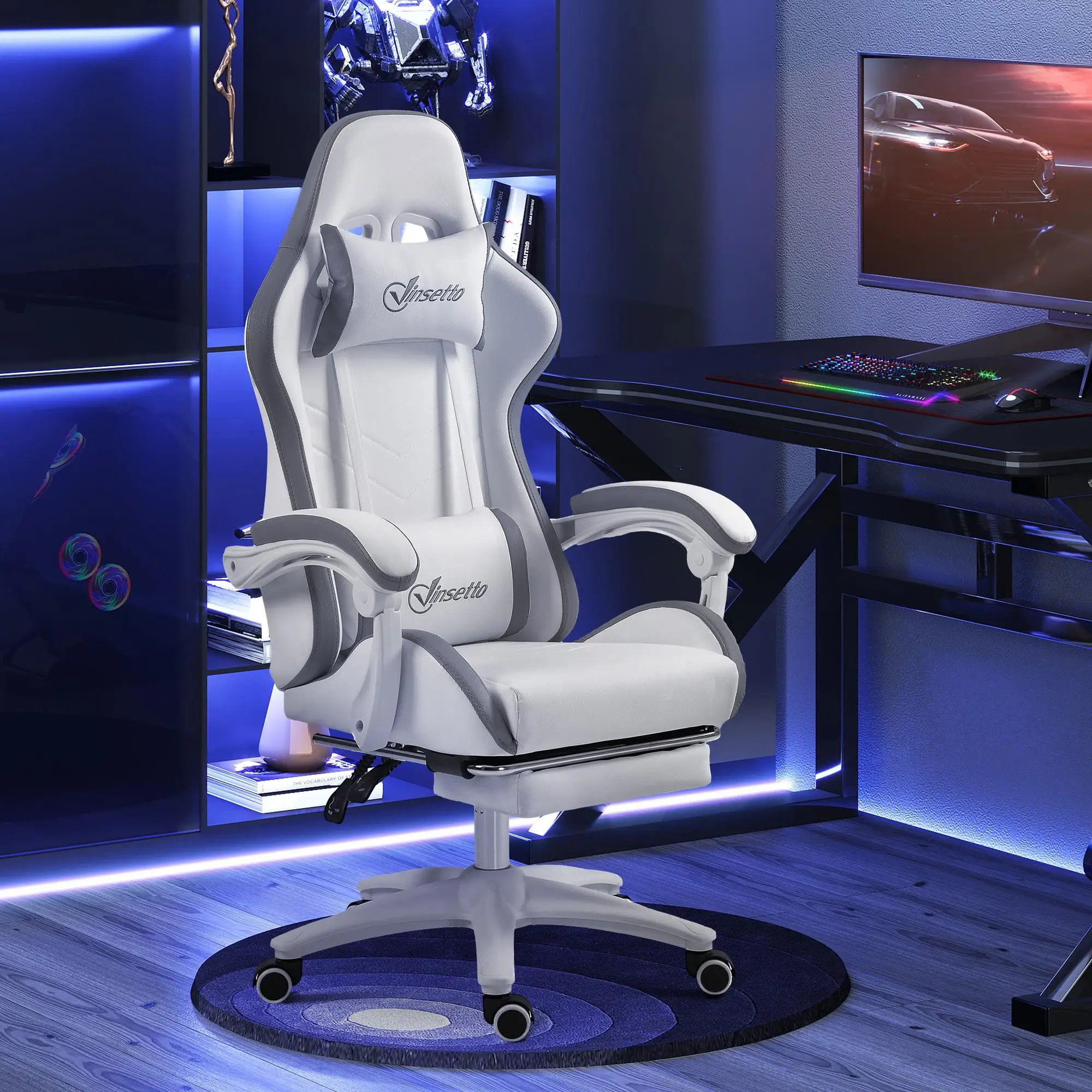 Chaise gaming fauteuil gaming ergonomique avec dossier inclinable à 135° et soutien lombaire, 65 x 65 x 121-129 cm blanc