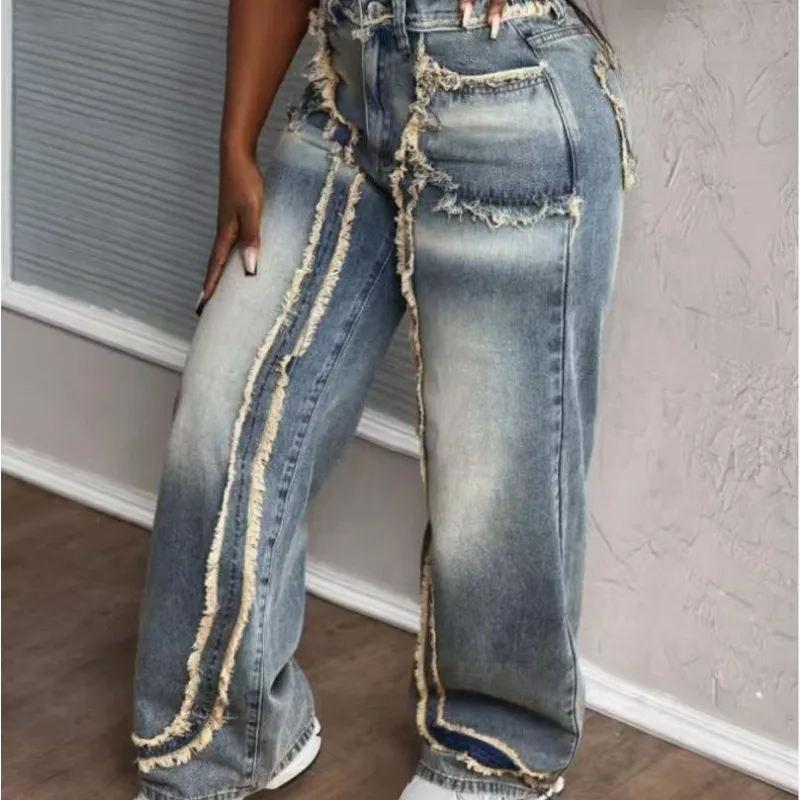 High Waist Multi Raw Fringe Patchwork Wide Leg Floor Jeans Women Retro Gradient Wash European American New Fashion