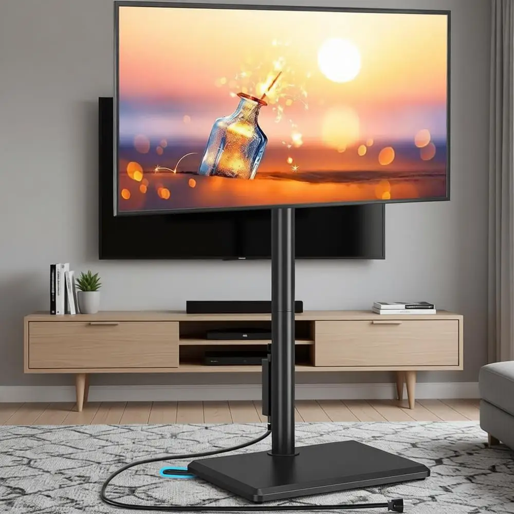 Height Adjustable TV Stand for 32-60 Inch TVs with Wood Base, Holds Up to 88lbs