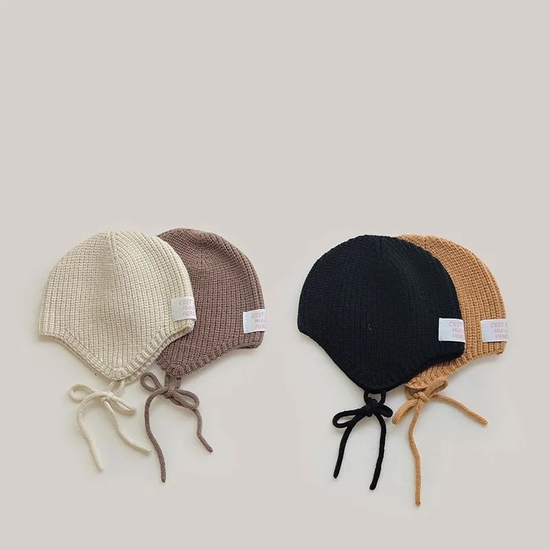 Children's hat autumn and winter ear strap wool knitted for boys and girls solid color warm simple