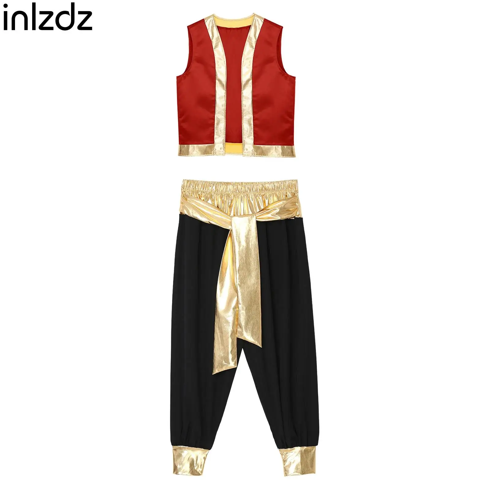

Mythical Arabian Prince Cosplay Costume Outfit for Men Halloween Carnival Clothes Metallic Shiny Trim Open Front Vest with Pants