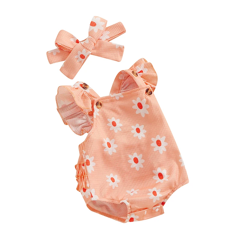 

Newborn Baby Girls Clothes Infant Floral Romper Waffle Ruffled Sleeveless Bodysuit Jumpsuit Headband Summer Outfit