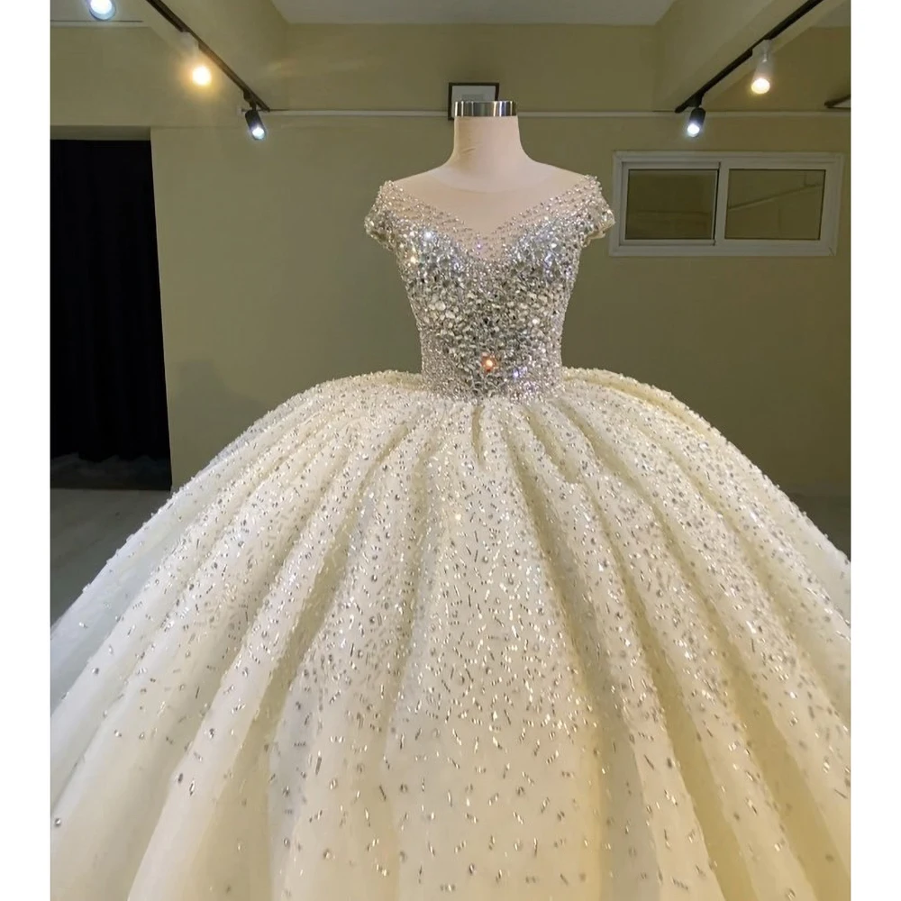 STEVDITG Luxury Wedding Dress Exquisite Cap Straps V-Neck Crystal Sequined Sweep Train Ball Gown Elegant Custom Bride Dress