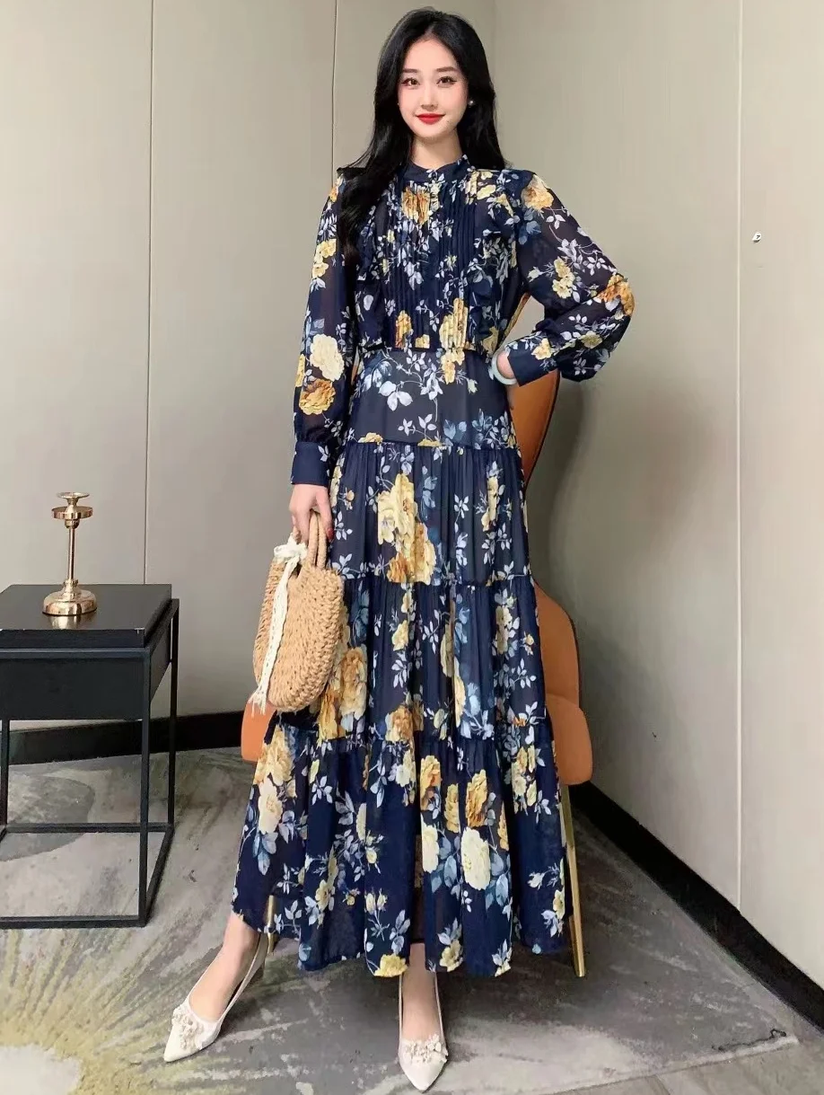 2024 New Spring Autumn Women Long Sleeve Slim Long Dress High Quality Sweet Ruffles Big Hem Chiffon Floral Dress 6 Colors