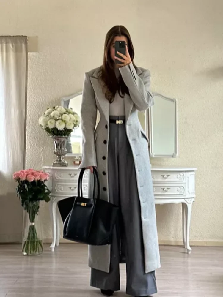 

Women's Luxury Elegant Woolen Long Jacket With Belt Lapel Slim Waist A Line Overcoat 2025 New Lady Autumn Winter Party Outwears