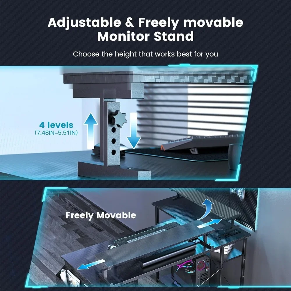 47 Inch L-shaped Gaming Table, Computer Gaming Table with LED Lights and Adjustable Bracket, Storage Drawer, Hook, Black