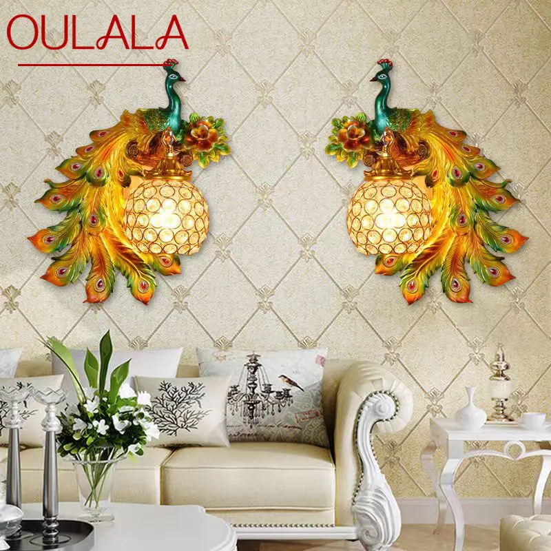 OULALA Modern Peacock Wall Sconce Lamp LED Creative Devise Crystal Resin Light For Home Living Room Bedroom Porch Decor