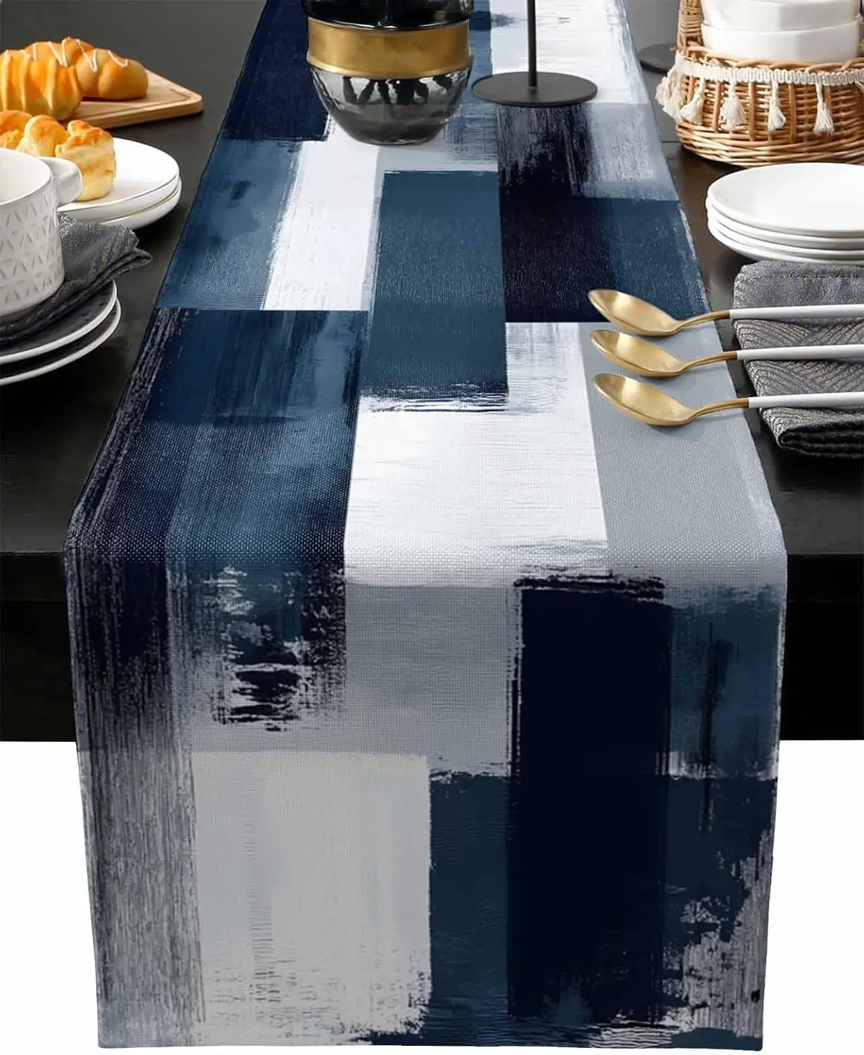 Abstract Blue White Geometric Color Blocks Linen Table Runner Dresser Scarf Decor Retro Kitchen Dining Table Decor Party Decor