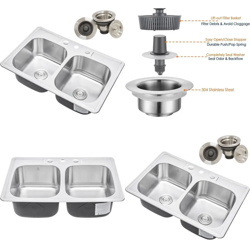 

50/50 Double Bowl Stainless Steel Kitchen Sink, 33x22x9 Inch, Top/Drop-in, 18 Gauge, 3 Faucet Holes