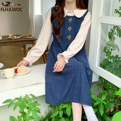 Chic Japan Mori Girls Feminine Vestidos Women Flower Embroidery Elegant Retro Cute Vintage Cotton Corduroy Button Shirt Dress
