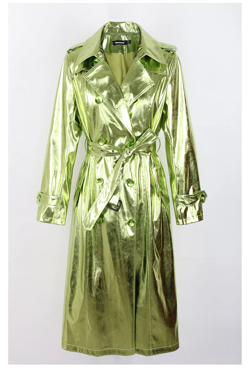 Nerazzurri Spring Autumn Long Shiny Reflective Patent Leather Trench Coat for Women Sashes Double Breasted European Fashion 2022