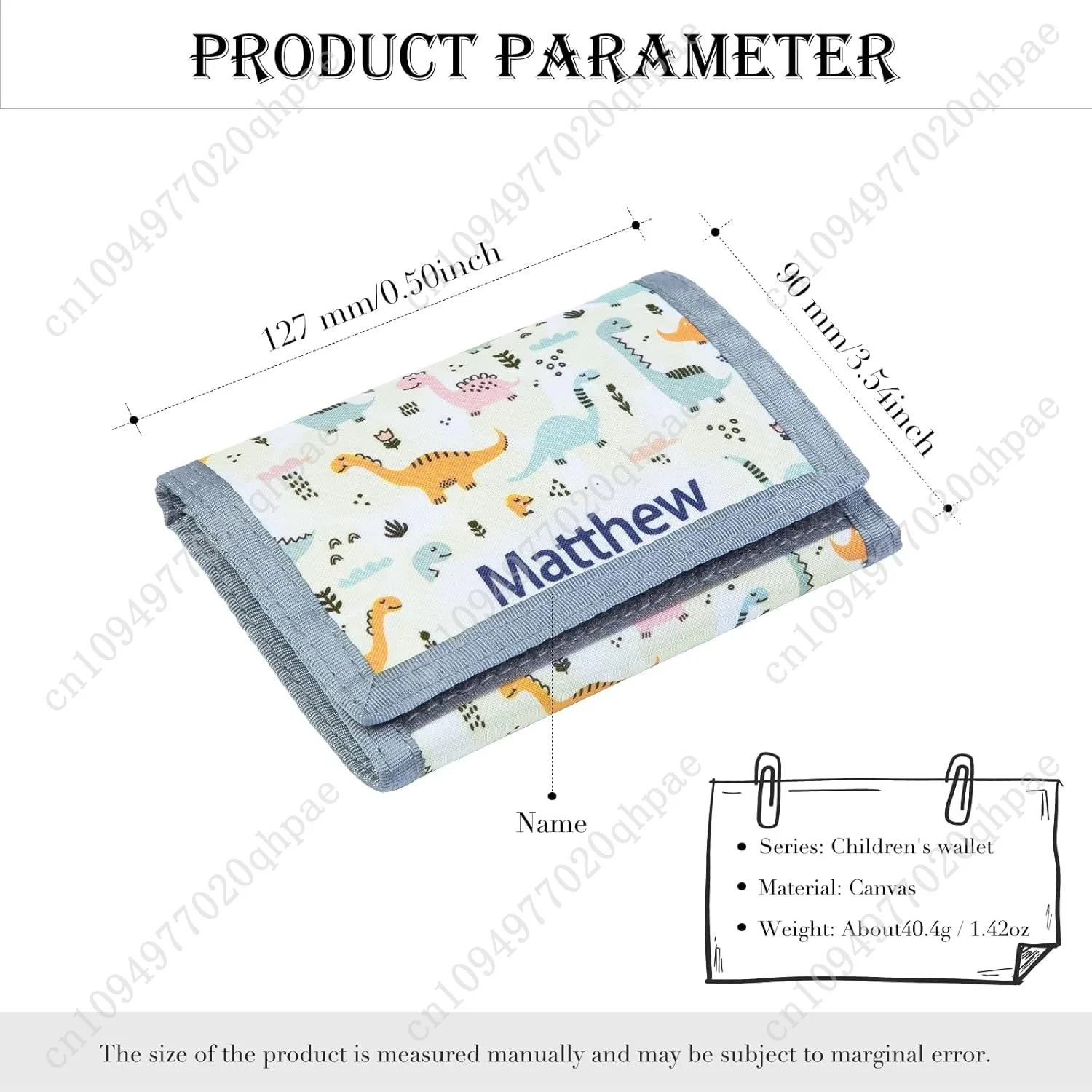 Nobelook Personalized Kids Wallet Custom Engraved Name Trifold Canvas Dinosaur Animal Cartoon Wallet with Zipper for Boys and Gi