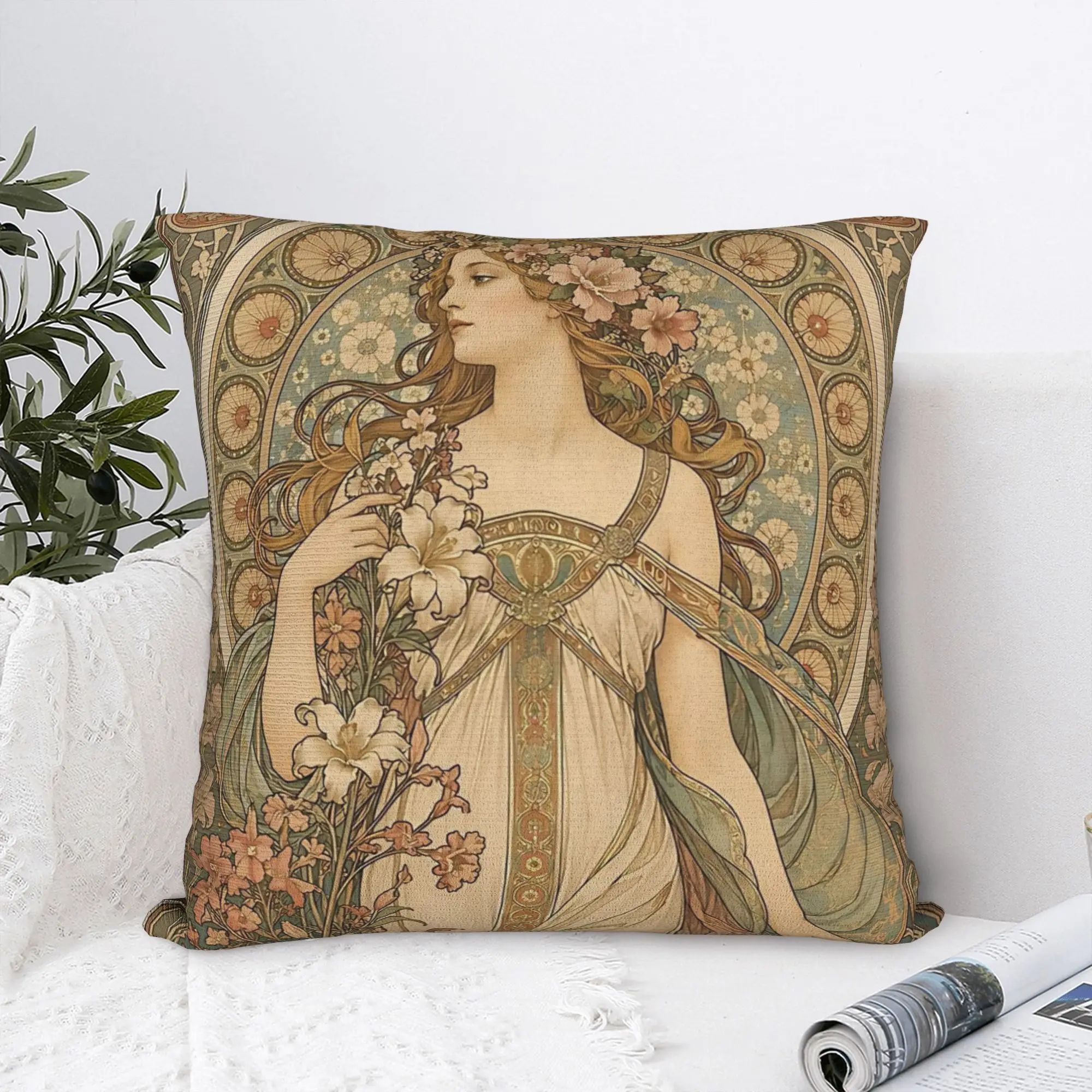 Alphonse Mucha Spring 1898  Square Pillow Cases  Cushion Cover Fashion Zipper Decor Pillowcase for Home 45x45cm