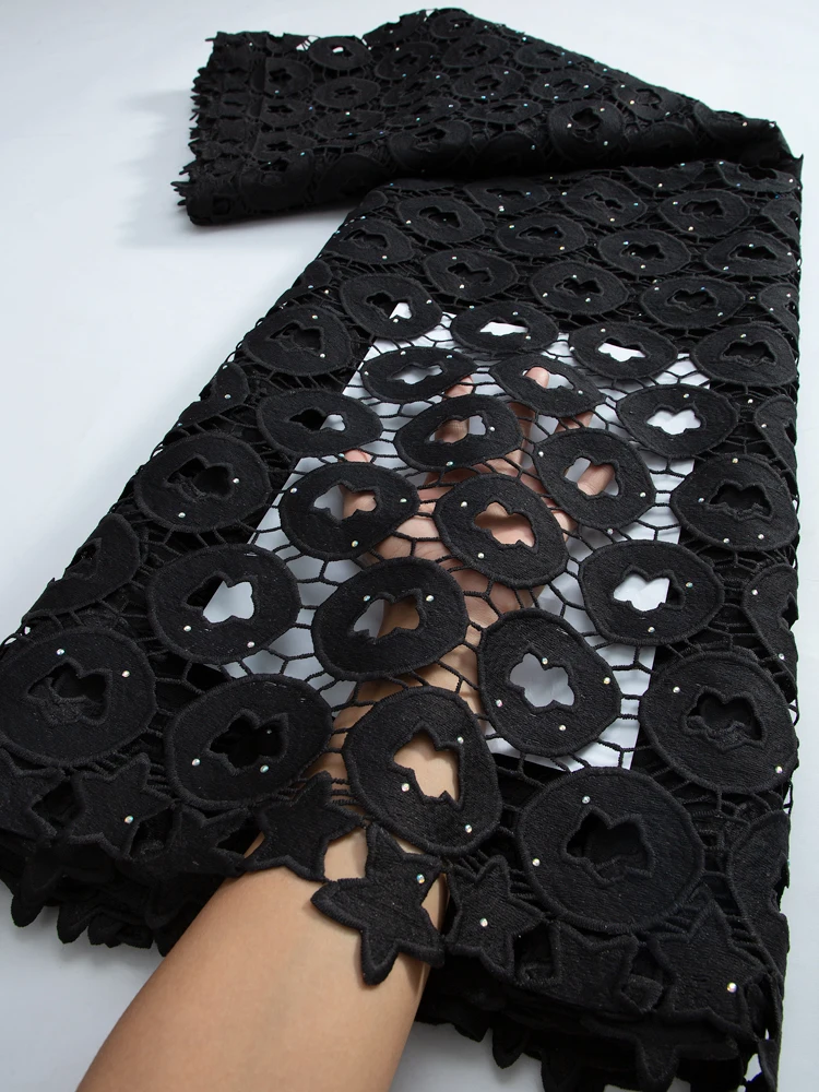 Black African Guipure Lace Fabric High Quality Water Soluble Lace Fabric With Stones New Nigerian Dress For Women 2023 TY3281