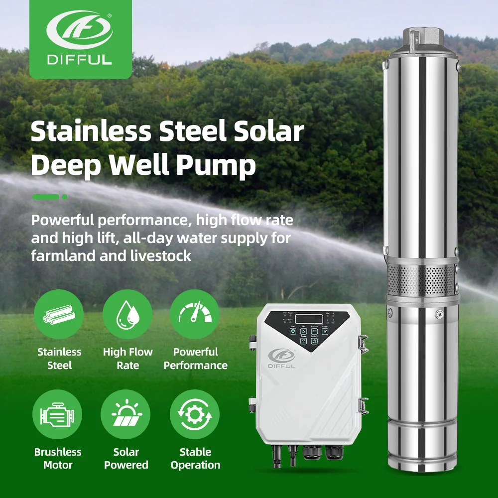 DIFFUL Bomba Solar de Superficie 4 Pulgadas Kit de Riego, Solo Uso Solar, Arranque y Apagado Automático, Fuera de Red