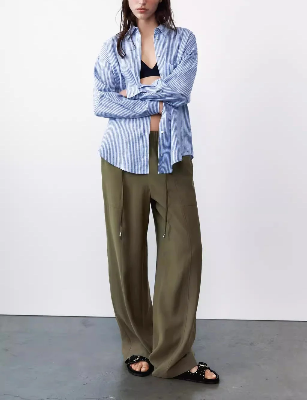 Wiosna Lato Nowy Luźny Krój Paski Mieszanka Lnu Kołnierzyk Długi Rękaw Damska Moda Klasyczna Uniwersalna Codzienna Koszula