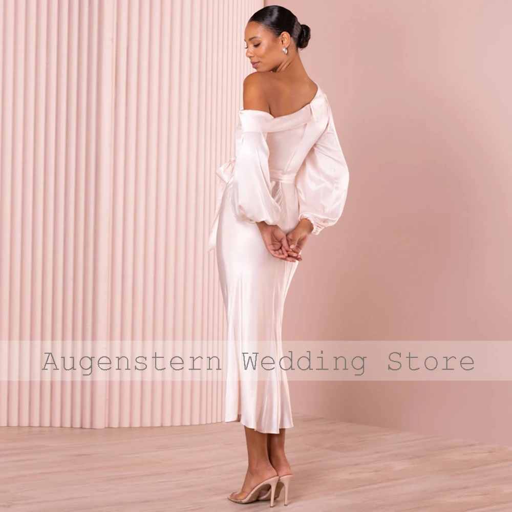 Civil Wedding Dresses	Classic White Satin Sashes Bespoke Occasion Gown Trumpet One-shoulder Midi Dresses 2024 Wedding Dress