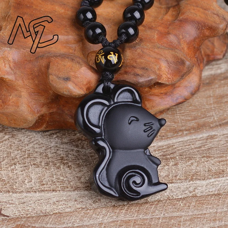 Natural Obsidian Zodiac Mouse Pendant Necklace Charm Jewellery Fashion Hand-Carved Amulet Man Luck Gifts Sweater Chain