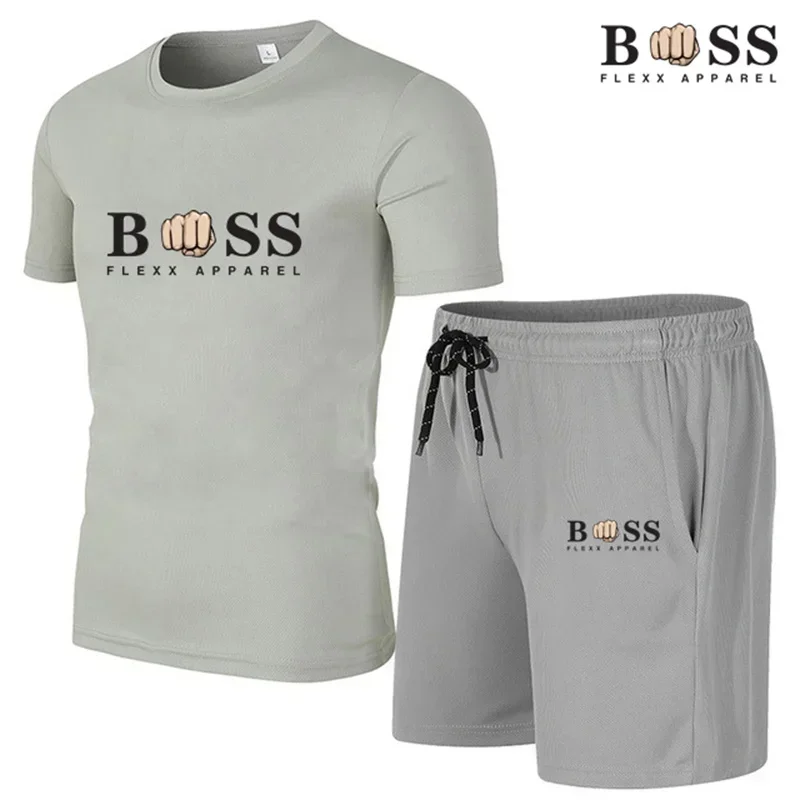 2025 New Men's Fitness Fashion Set Men's casual sportswear set Quick drying sportswear Short sleeved T-shirt+shorts 2-piece set