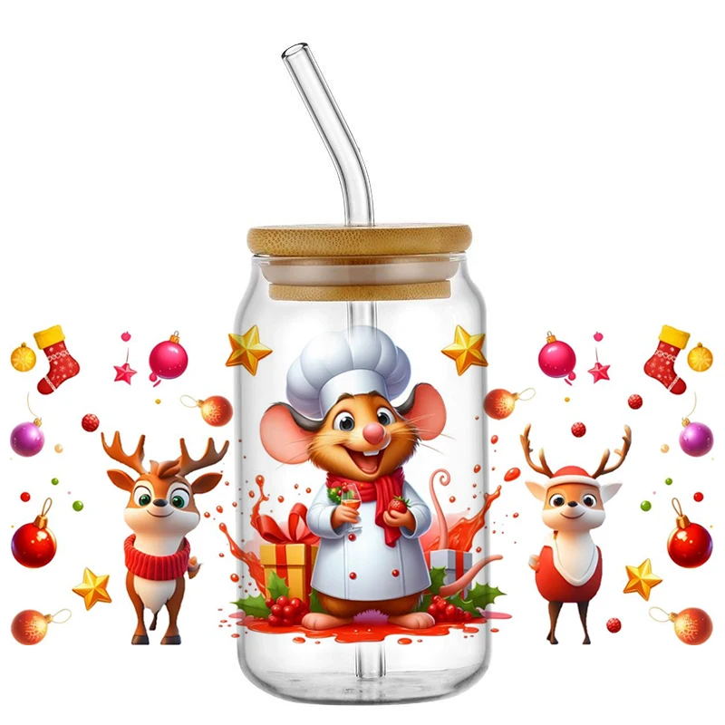 Christmas Cartoon Mouse Chef Decal 16oz UV DTF Cup Wrap Transfers Libbey Wrap Xmas DIY Sticker Glass Selfadhesive Waterproof