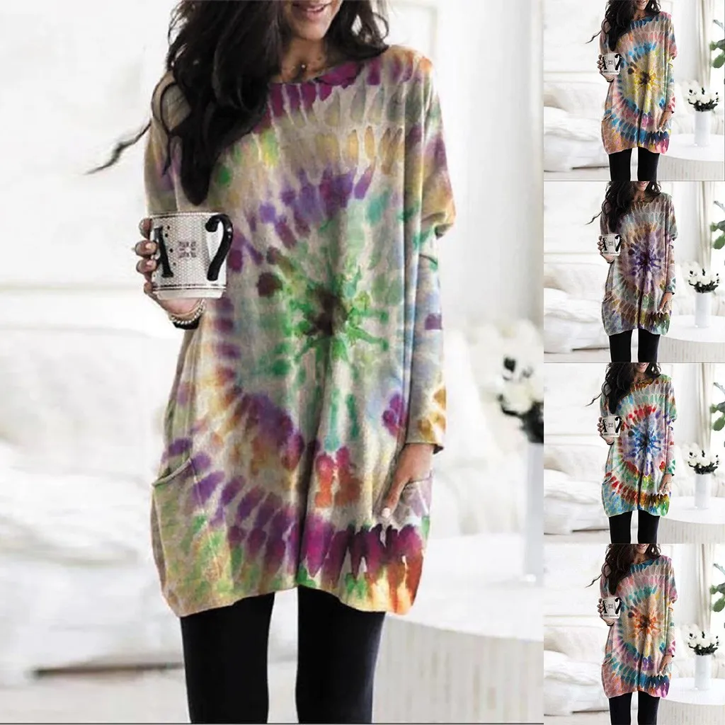 

Fashion Women Loose Tie-Dye Printing Pocket O-neck Long Sleeve Sweatshir Dress Drawstring Bluza Damska Pullovers