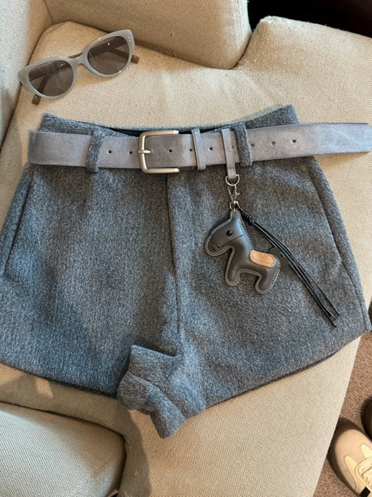 Zimowe spodnie z wysokim stanem, szerokimi nogawkami, wełniane, damskie, z ozdobnym paskiem, spodnie do botków, codzienne, do pracy.