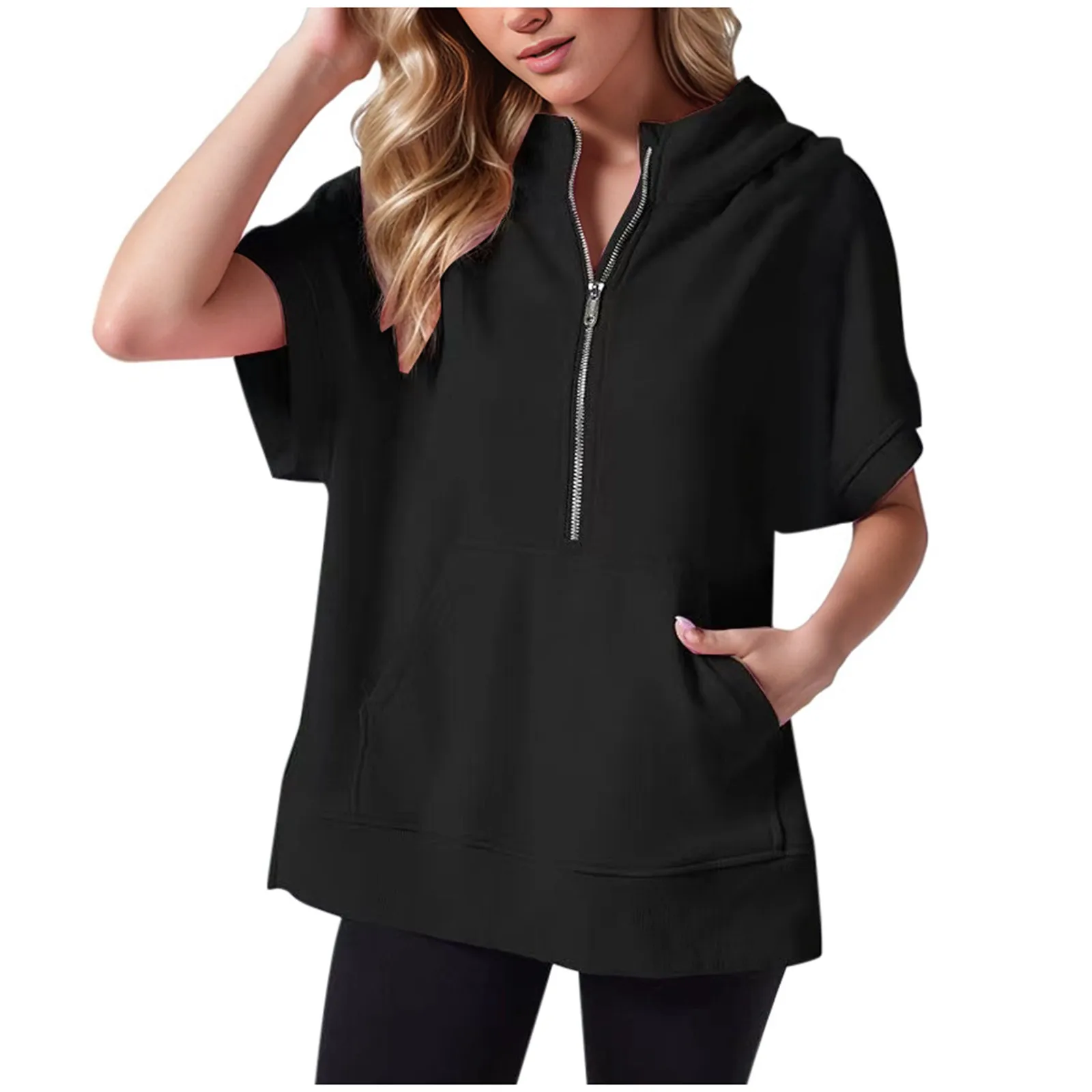 Summer Women\'s Half Zipper Hoodie Casual Style Pullover Stylish with Short Sleeves Solid Color Pocket Casual Daily for Females