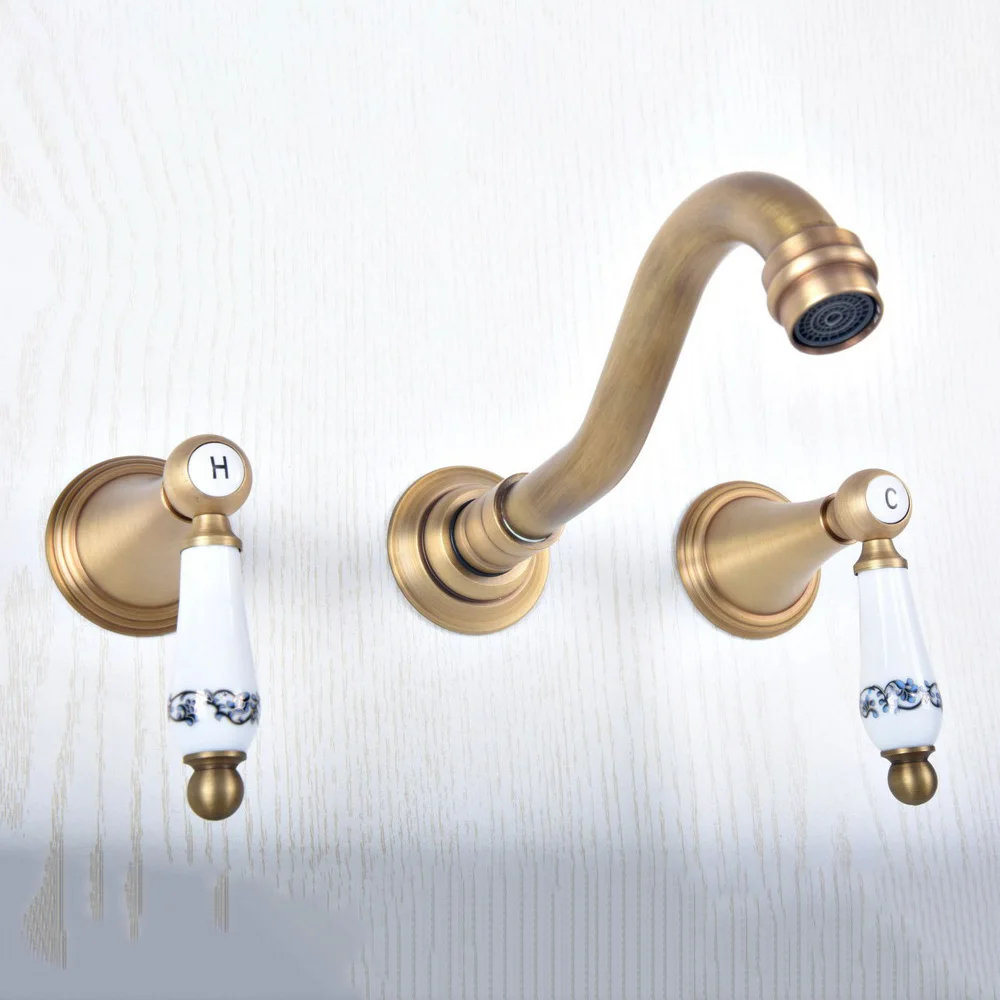 

3 Pcs Basin Faucets Antique Brass Wall Mounted Bathroom Sink Basin Mixer Tap Faucet Dual Handle Sink Mixer Taps zsf515