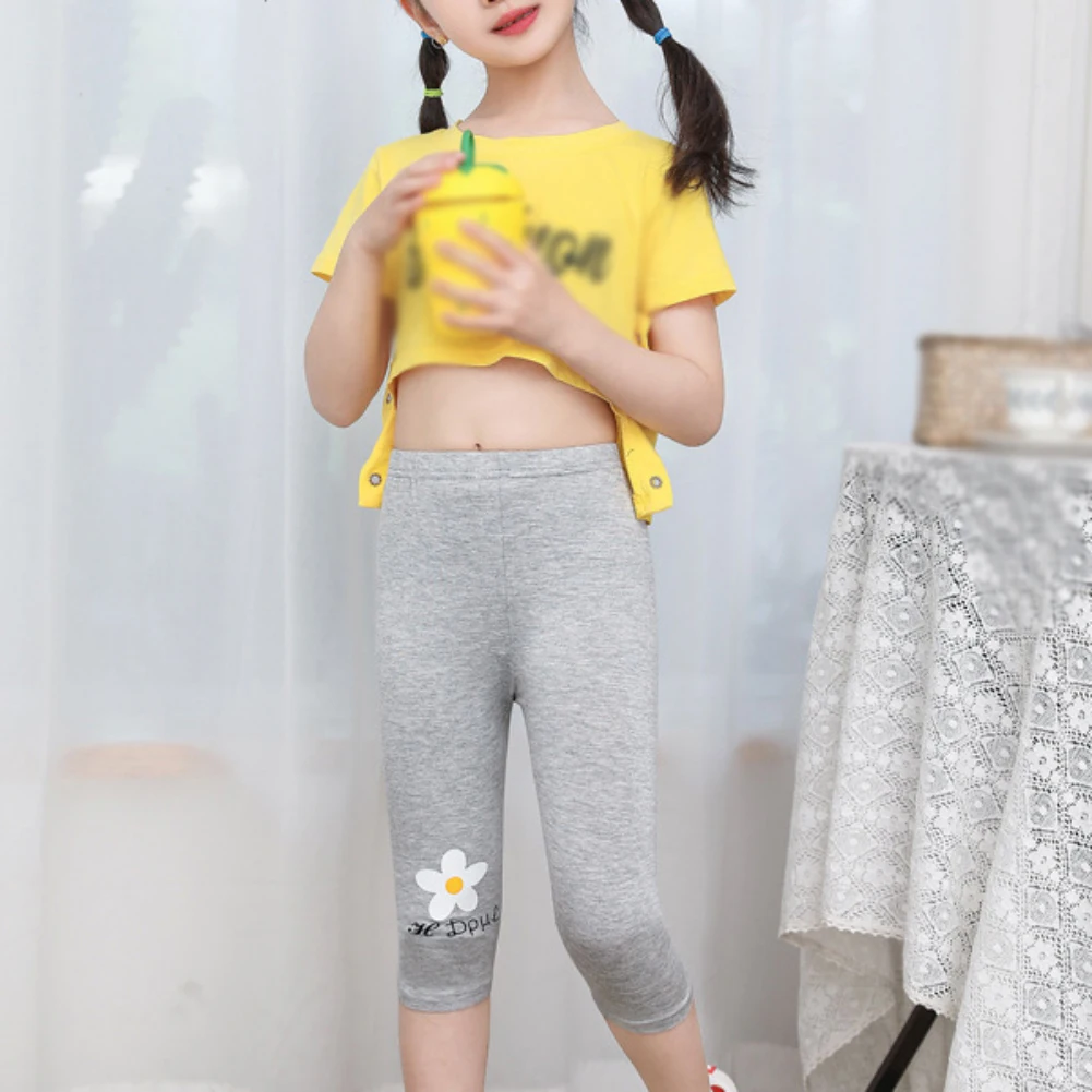 Summer Girls Leggings Solid Flower Print High Elastic Leggings Kids Breathable Absorbent Soft Skinny Pants