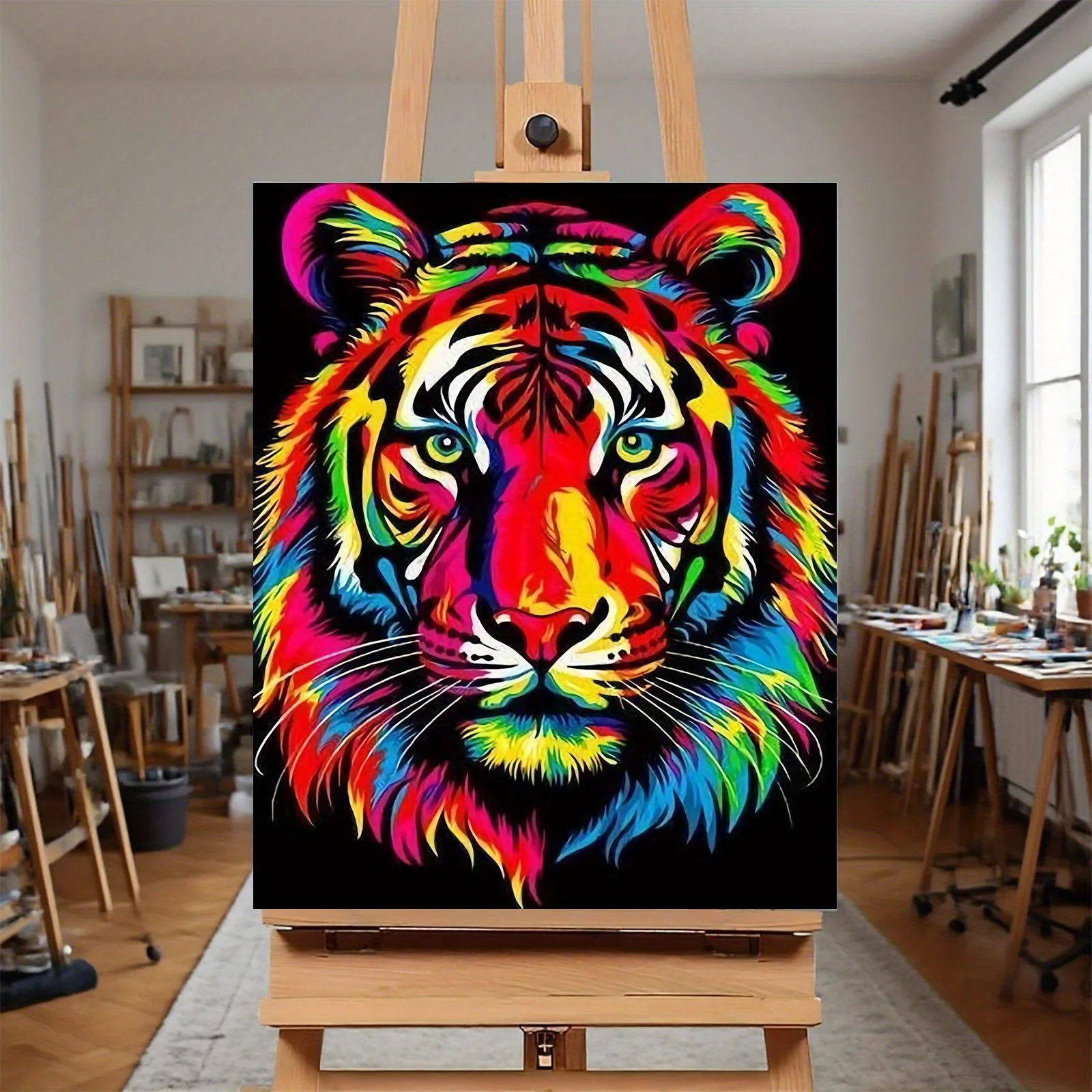 Professional Art Use: A Frameless DIY Digital Oil Painting Kit Featuring a Colorful Tiger Head. The Product Includes a Canvas