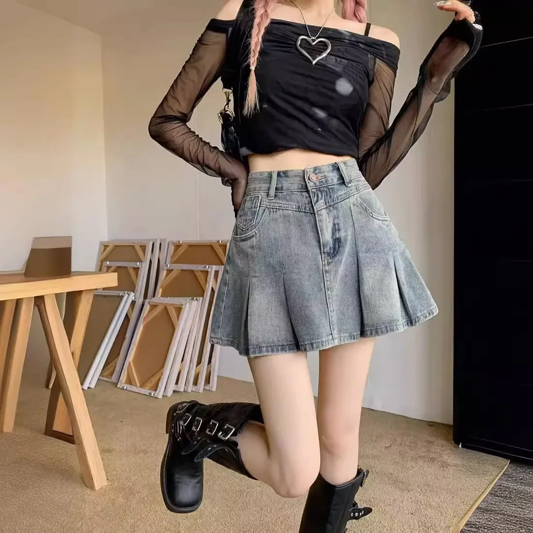 American Style Vintage Denim Mini Dress High-waisted Summer Flared Skirt For Women 2024 New Petite A- line Skirt